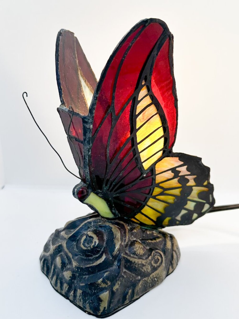 Vtg Stained Glass Tiffany Style Butterfly Lamp Light Brass Fairy Whimsigoth